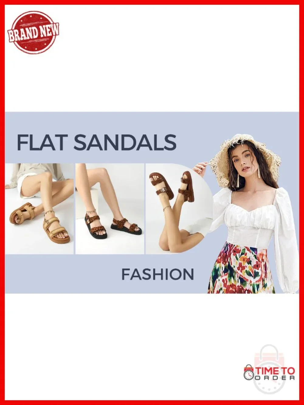 Double Strap Flat Sandals with Hook & Loop Closure, Non-Slip